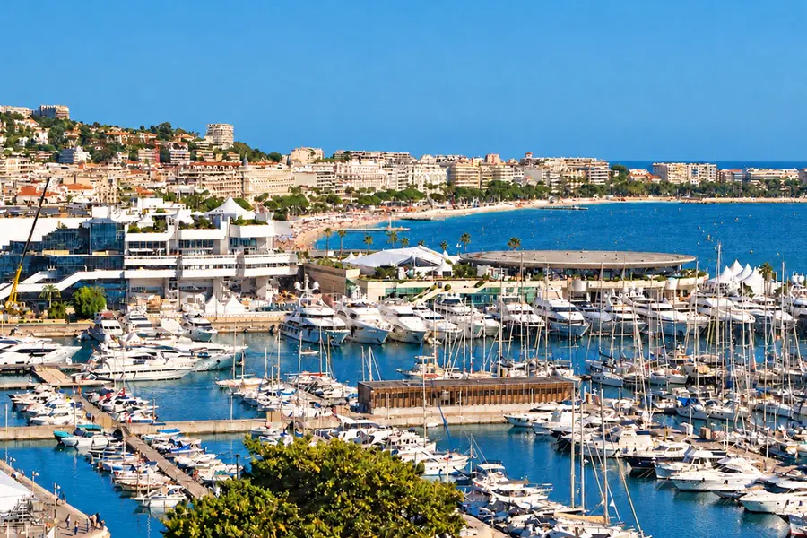 View over the marinas and the Palais des Festivals in Cannes, with the Croisette following the bay behind
