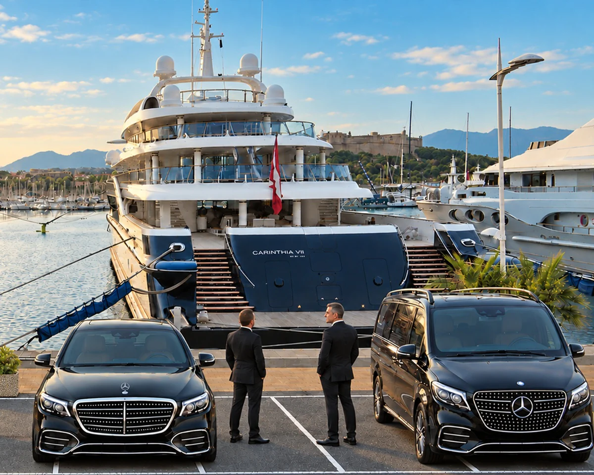 Two chauffeurs in suits wait on the quay beside a black Mercedes-Benz V-Class and a black Mercedes-Benz sedan, in front of moored superyachts, ready to drive owners, guests and crew